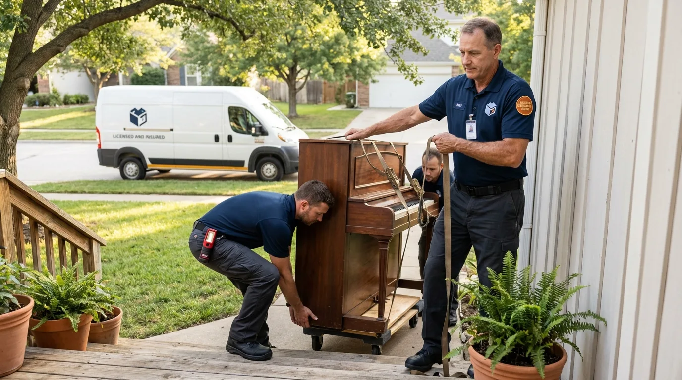 Licensed piano movers securing grand piano in Alexander, AR