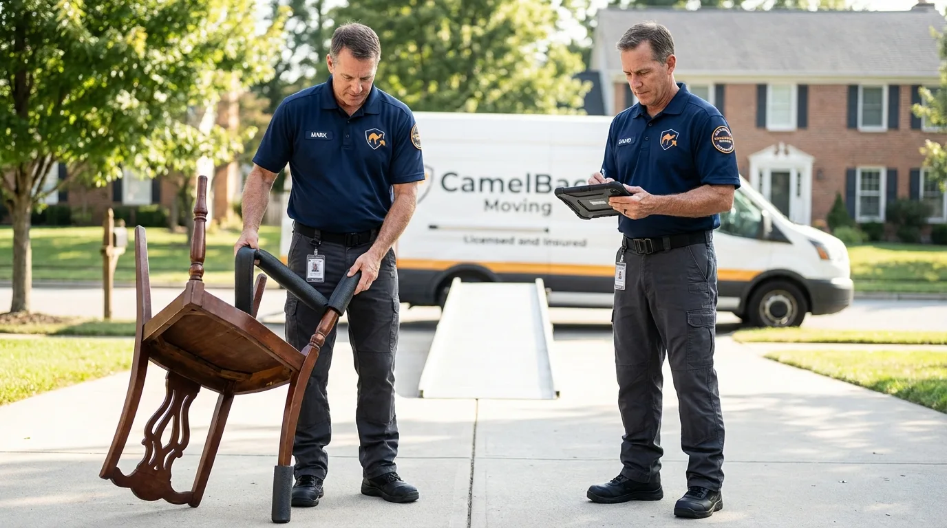 Movers inspecting furniture for damage prevention before loading in Alexander, AR